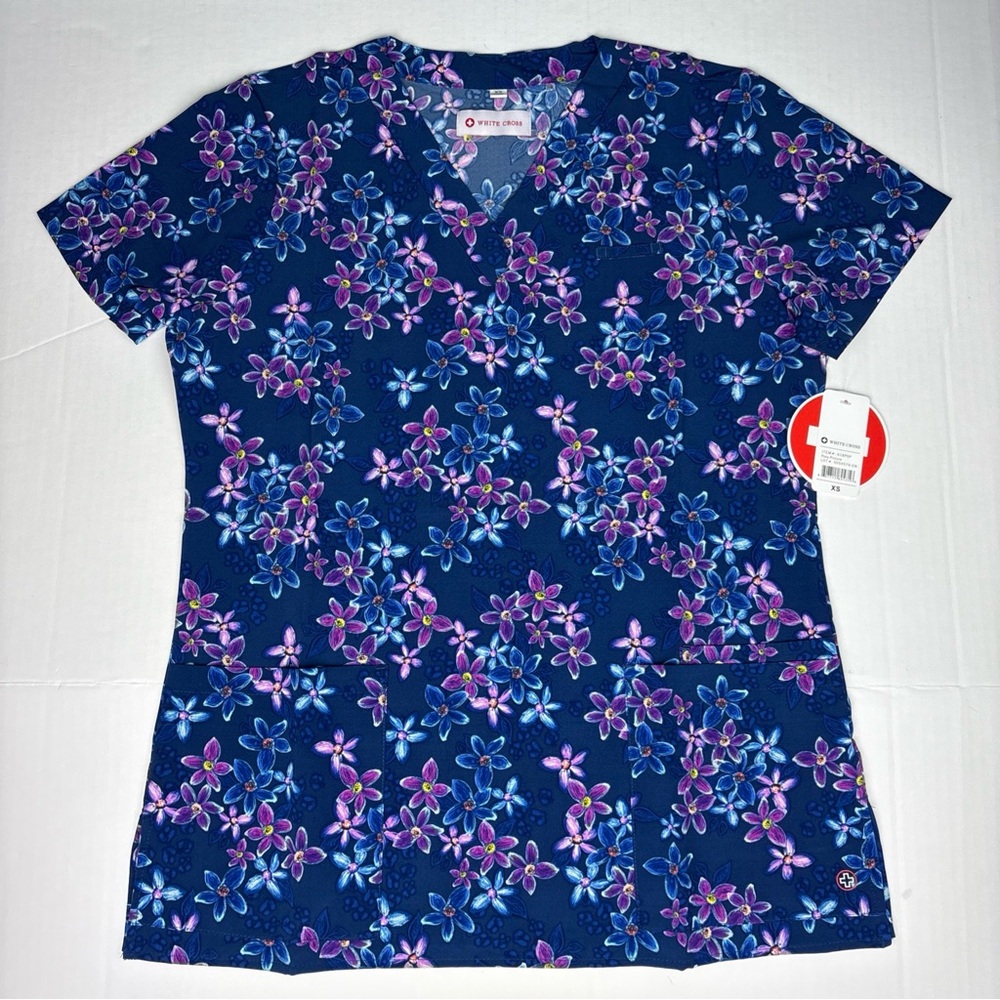 White Cross Women's XS Scrub Top New Tags Posy Picture 618PSP Purple Blue Poly